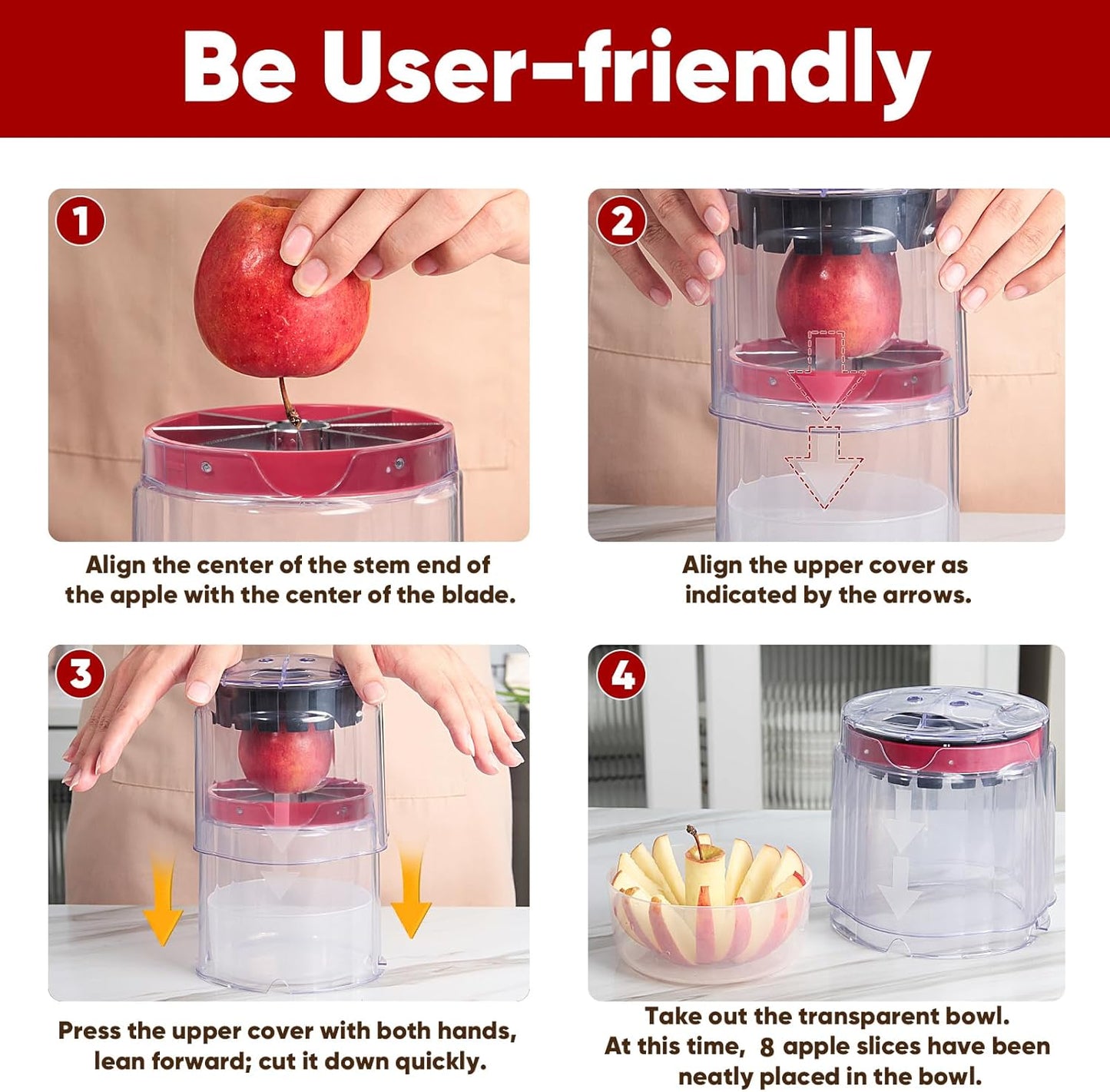 OOKUU Extra-Large Apple Slicer & Corer – 16-Blade Heavy Duty Stainless Steel Apple Cutter, Safe & Quick Apple Divider for Apples, Pears & More, with Clear Catch Bowl