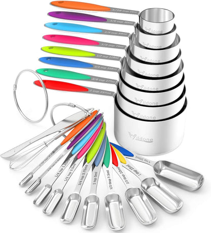 Measuring Cups and Measuring Spoons Set, Wildone Stainless Steel 8 Measuring Cups, 10 Measuring Spoons, 1 Leveler 1 Whisk & 5 Mini Spoons, for Dry and Liquid Ingredient - 25 Piece Multicolor