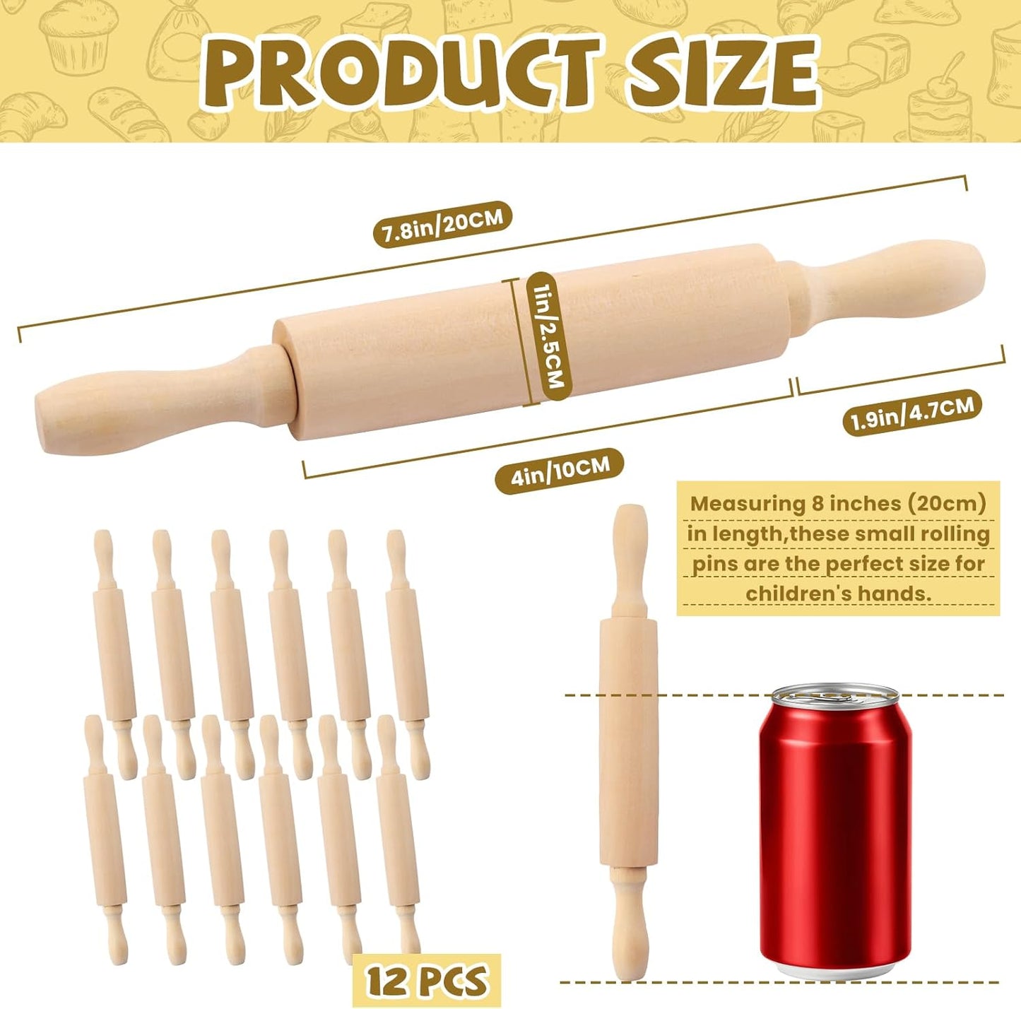 6 Pack 8 Inch Mini Wood Rolling Pin,Great for Children Kids Girls and Boys,Small Wooden Rollers for Art and Crafting,Baking,Cookie Dough,Cooking,Clay,Play Doh