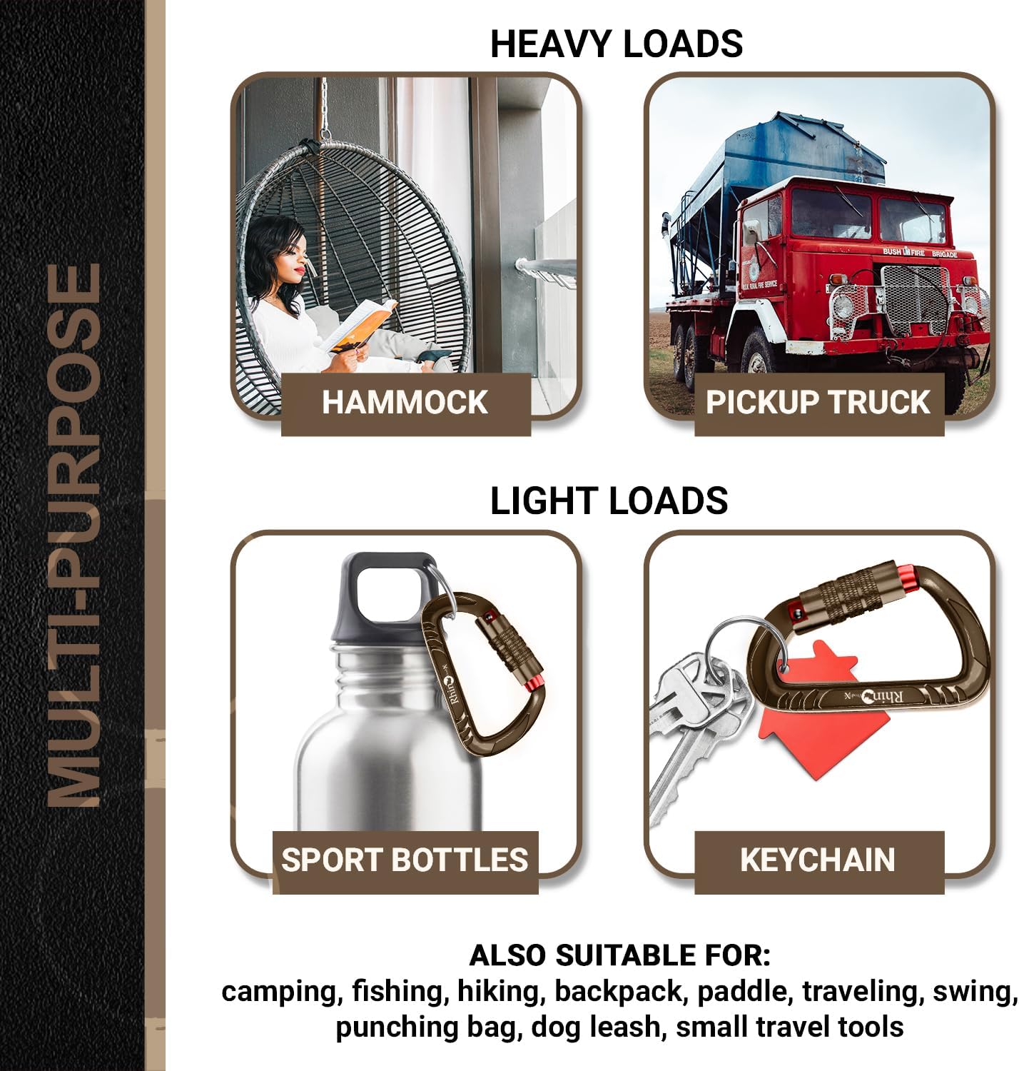 Rhino Produxs 12kN (2697 lbs) Heavy Duty Carabiner Clips, for Securing Pets, Outdoor, Camping, Hiking, Hammock, Dog Leash Harness, Keychains