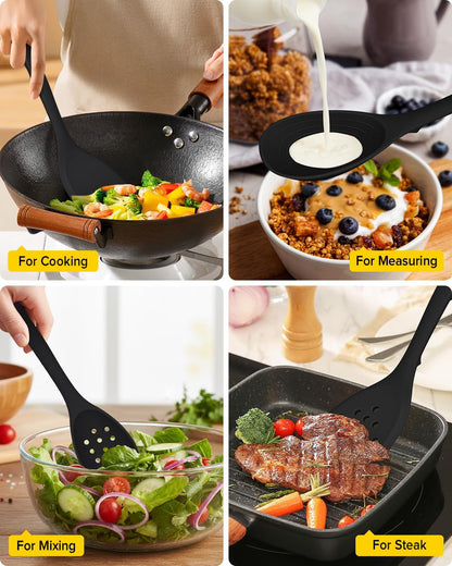 Pack of 4 Silicone Cooking Utensils Set, Non Stick Solid Spatulas and Heat Resistant Slotted Spoons with Back Hooks, Ideal BPA Free Kitchen Utensils Set for Frying,Serving,Turning,Stirring(KHAKI)
