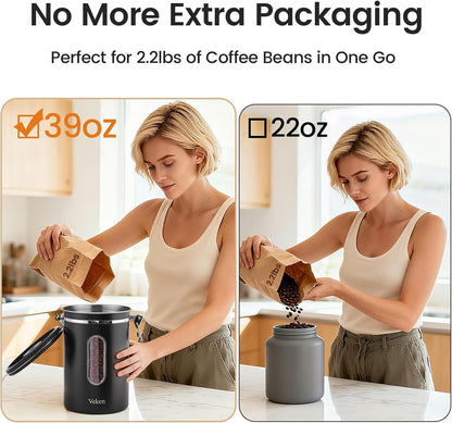 Veken Coffee Canister with Window,Airtight Stainless Steel Pantry Container,Home Kitchen Food Storage Organizers for Ground,Beans,Espresso,Rice,Tea,Sugar,Cereal, Decor,Bar Accessories,Gifts,22OZ,Black