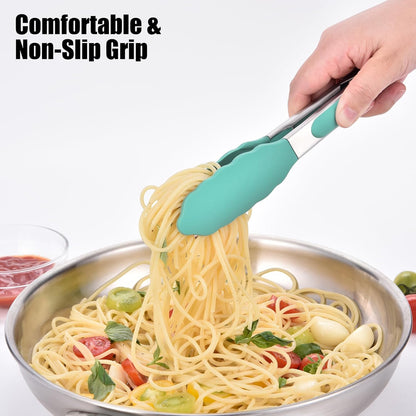 Doosu Kitchen Tongs for Cooking - 600°F Heat Resistant Food Tong Set with Non-Scratch Silicone Tips, Heavy Duty Stainless Steel Locking Tong for BBQ, Grilling Steak, Serving (7+9+12in, Navy Blue)