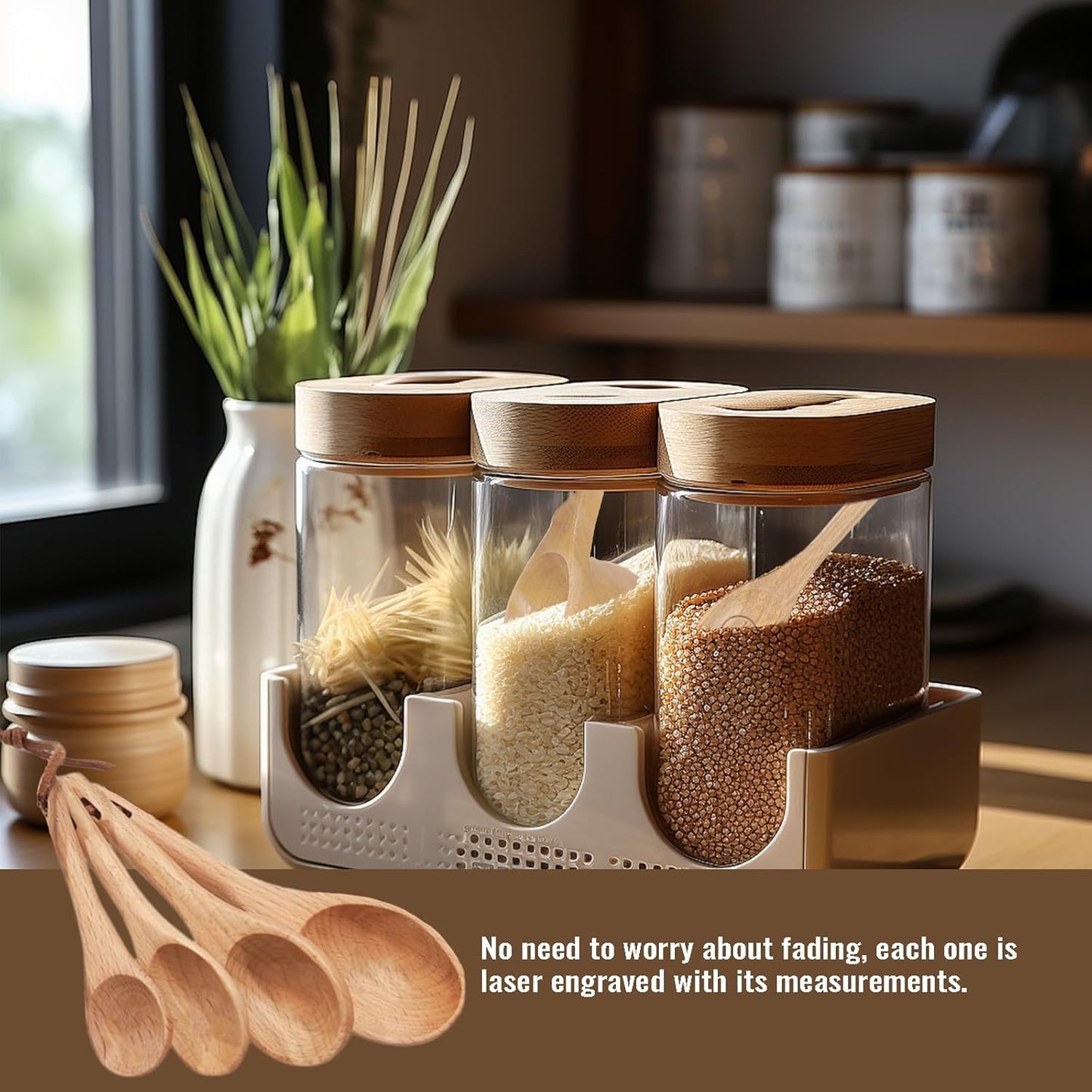 Wooden Measuring Cups and Spoons Set - Eco-Friendly Solid Acacia Wood, Laser Engraved Measurements, Perfect for Baking & Cooking - Ideal for Bakers, Chefs & Home Cooks（brown）