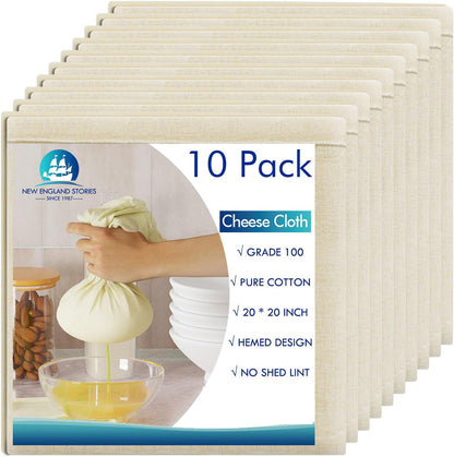 8 PCS Reusable Cheesecloth, Grade 100, 20x20 Inch Hemmed Cheese Cloth for Straining Craft, 100% Cotton Unbleached Cloth Strainer for Cooking, Baking, Juicing, Cheese Making