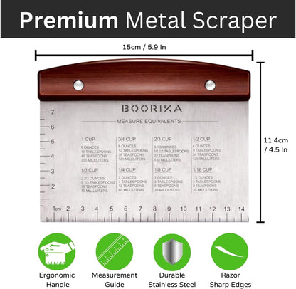 BOORIKA Dough Scraper & Bench Scraper Kitchen – Stainless Steel Sourdough Tools – Dough Cutter for Sourdough Bread, Pizza, and Flat Top Griddles – Chef Approved (Light)