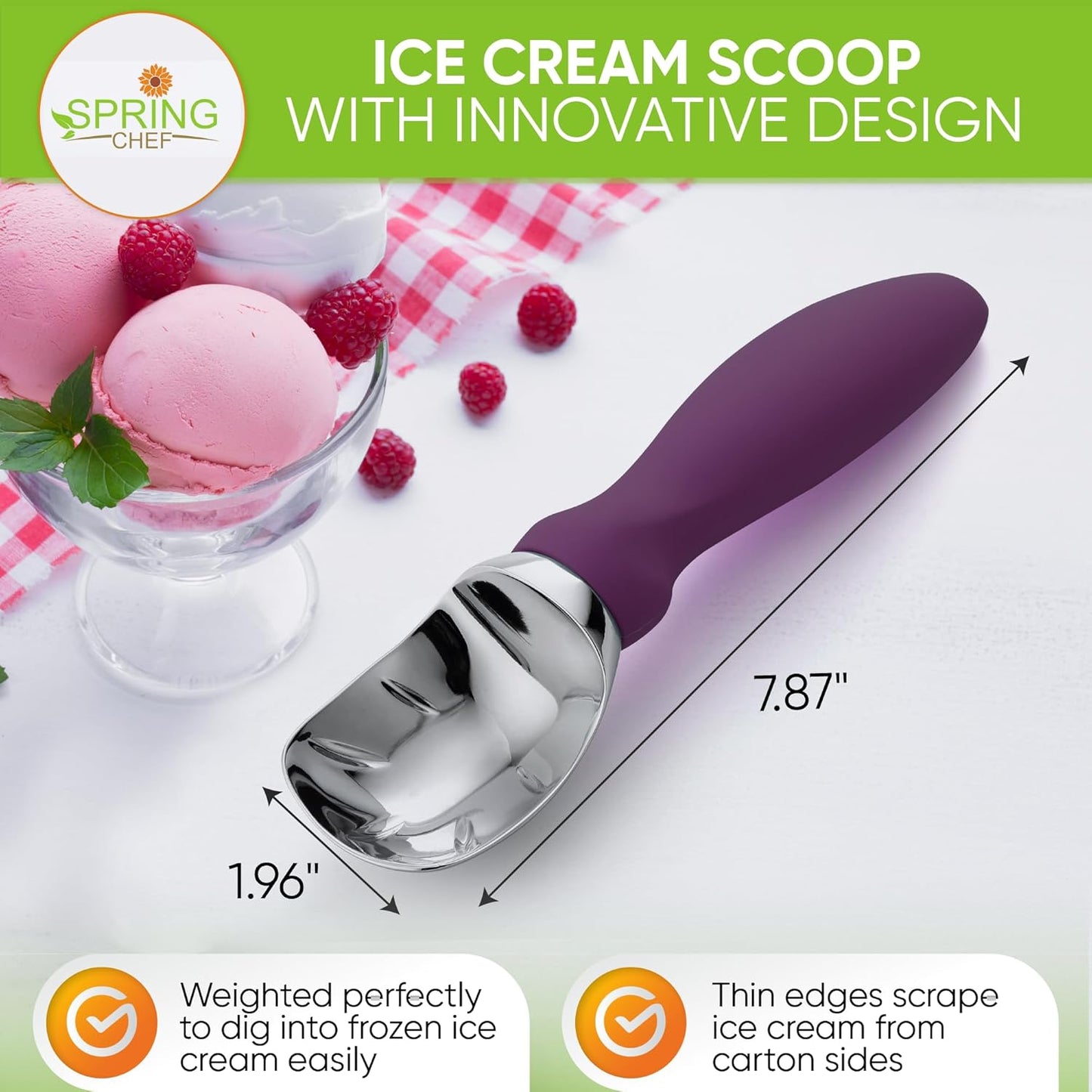 Spring Chef Heavy Duty Ice Cream Scoop with Comfortable Handle - Professional Ice Cream Scooper for Gelato, Sorbet, Cookie Dough, Melon, Frozen Yogurt - Dishwasher Safe Metal Kitchen Tool - Black