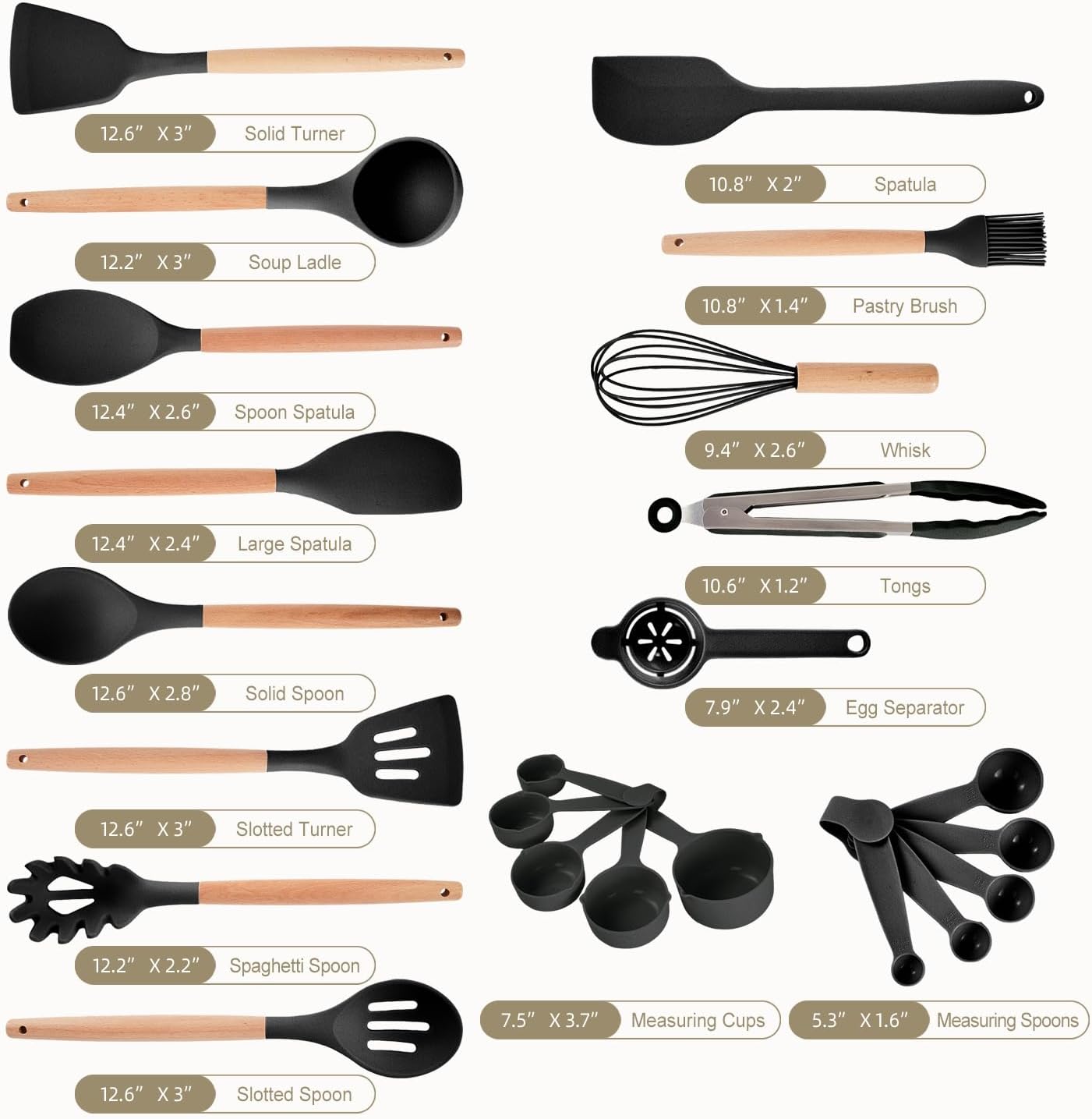 Kitchen Utensils Set - 34 PCS Non-Stick Silicone Cooking Utensils Set Spatula Set with Holder, Wooden Handle Spoon,Brush,Whisk Kitchen Gadgets Tools Set for Nonstick Cookware (Cream White-34P)