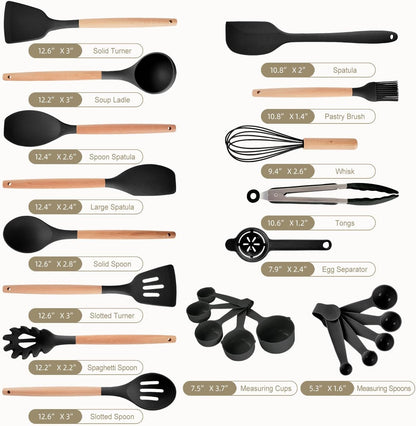 Kitchen Utensils Set - 34 PCS Non-Stick Silicone Cooking Utensils Set Spatula Set with Holder, Wooden Handle Spoon,Brush,Whisk Kitchen Gadgets Tools Set for Nonstick Cookware (Cream White-34P)