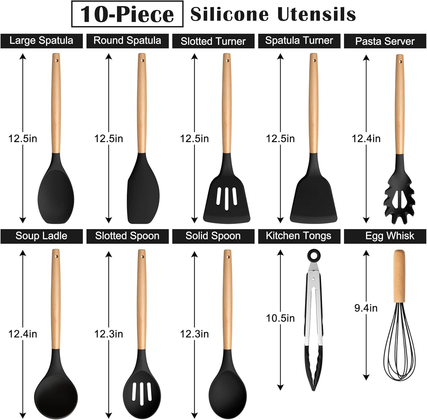 E-far Silicone Cooking Utensils Set, 10-Piece Heat Resistant Kitchen Utensils Set with Wooden Handle for Nonstick Cookware, Kitchen Nonstick Tools Spatula Whisk Tongs Ladle, Non-toxic & Healthy(Khaki)