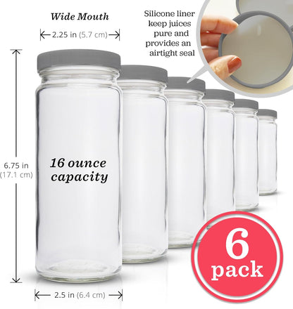 All About Juicing Clear Glass Water Bottles Set - 6 Pack Wide Mouth with Lids for Juice, Smoothies, Beverage Storage - 16 oz, Durable, Reusable, Dishwasher Safe, Leak Proof (Black Caps)
