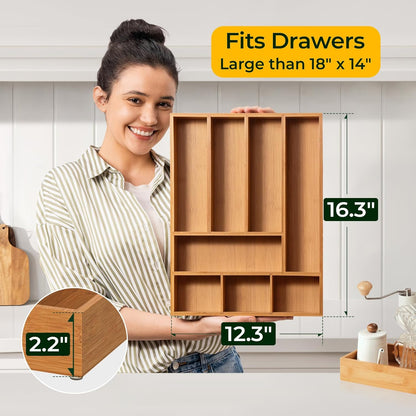 keechee Carbonized Bamboo Kitchen Drawer Organizer, 10 Slots Expandable Silverware Organizer, Utensil Holder & Cutlery Tray, 2.2" Deep for Extra Capacity, Non-Slip Feet Included