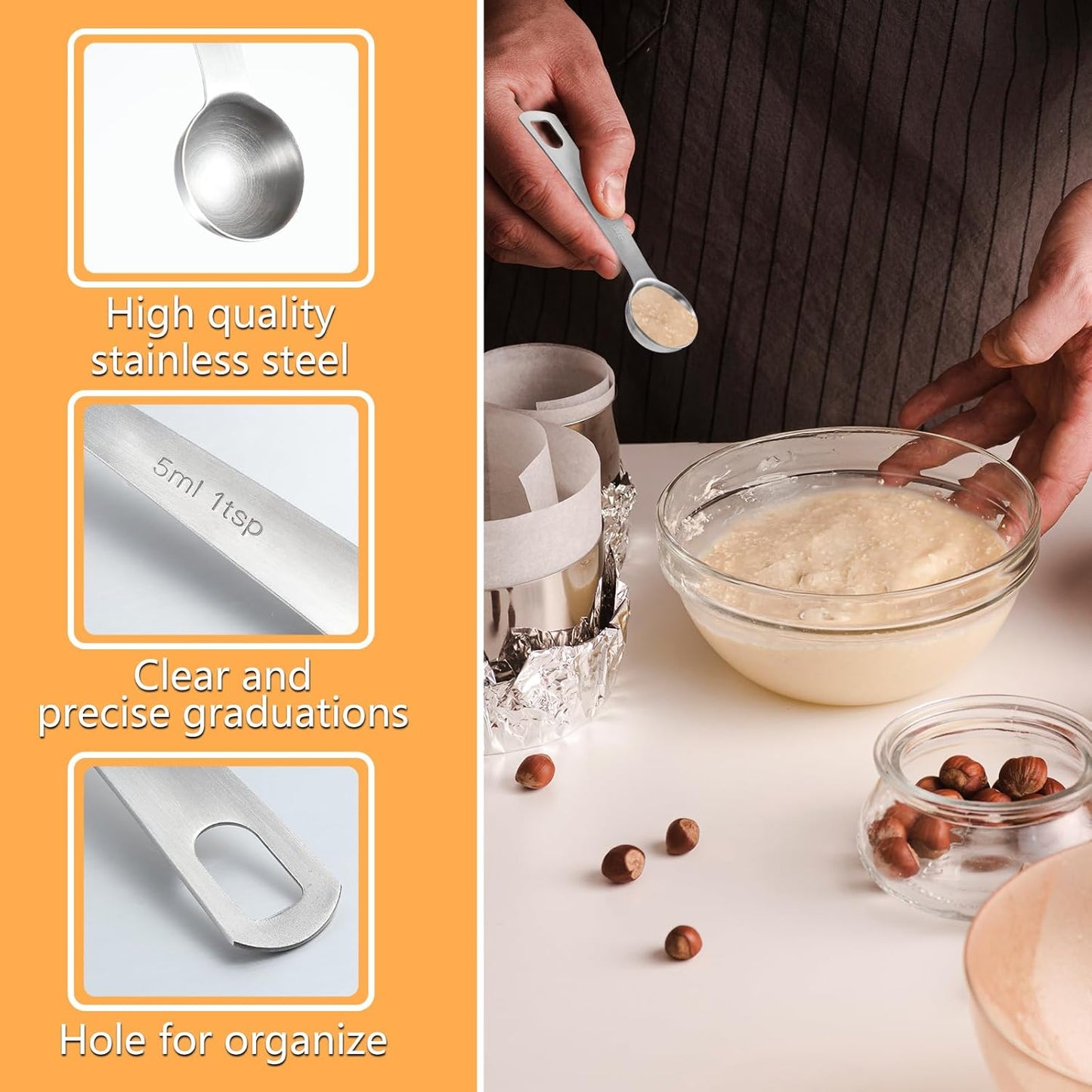 2 Pcs 1 Teaspoon Scoop Measuring Spoon Stainless Steel Teaspoons (5ml) Coffee Scoop and Tablespoon Measuring Spoon Metal Kitchen Gadgets for Cooking and Baking