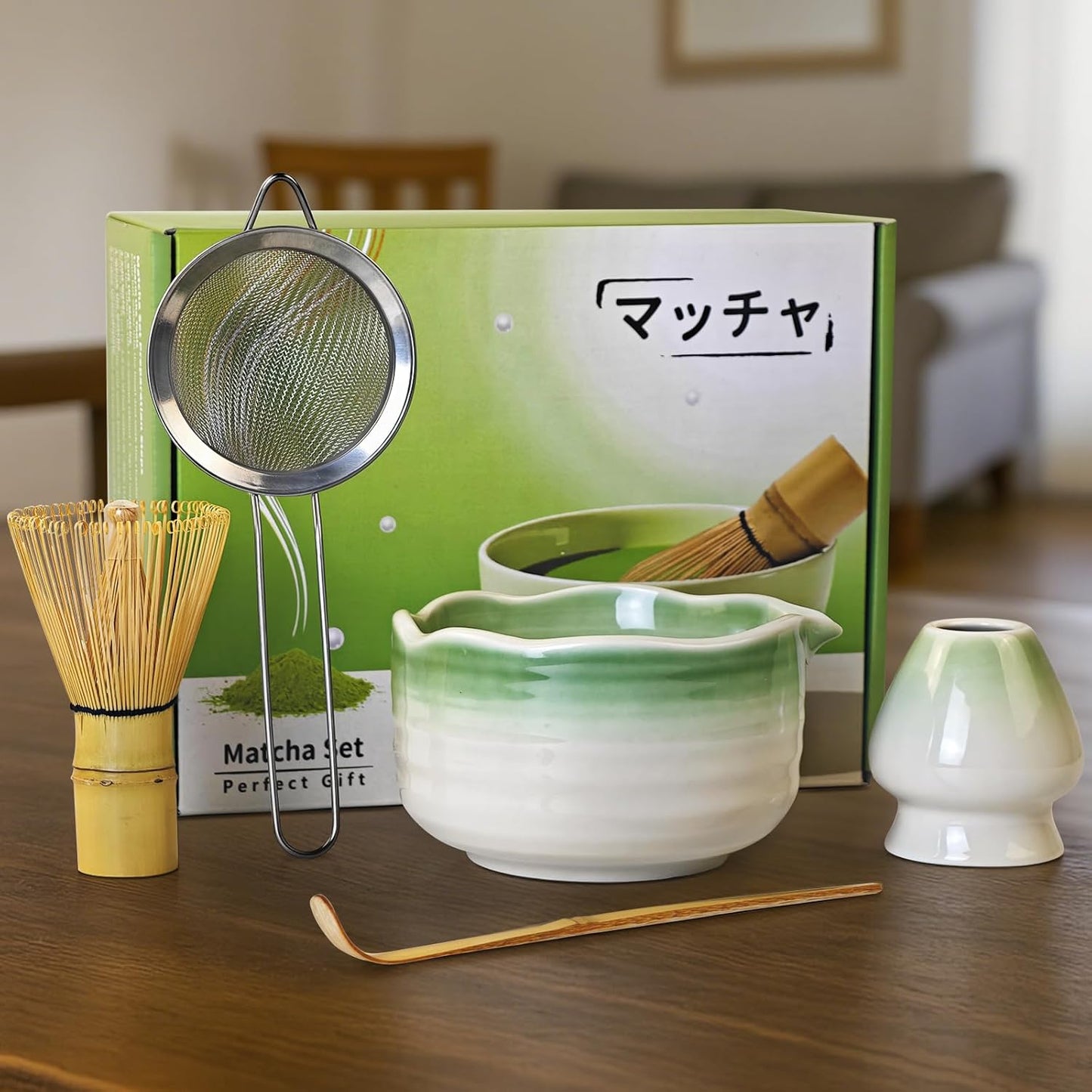 8 Pcs Matcha Whisk Set with Ceramic Bowl, Scoop Rest, Sifter, Tea Mat, Greeting Card, Whisk Holder, Bamboo Whisk and Scoop, Perfect Present for Friend Family Matcha Tea Lovers, Ceremony Kit