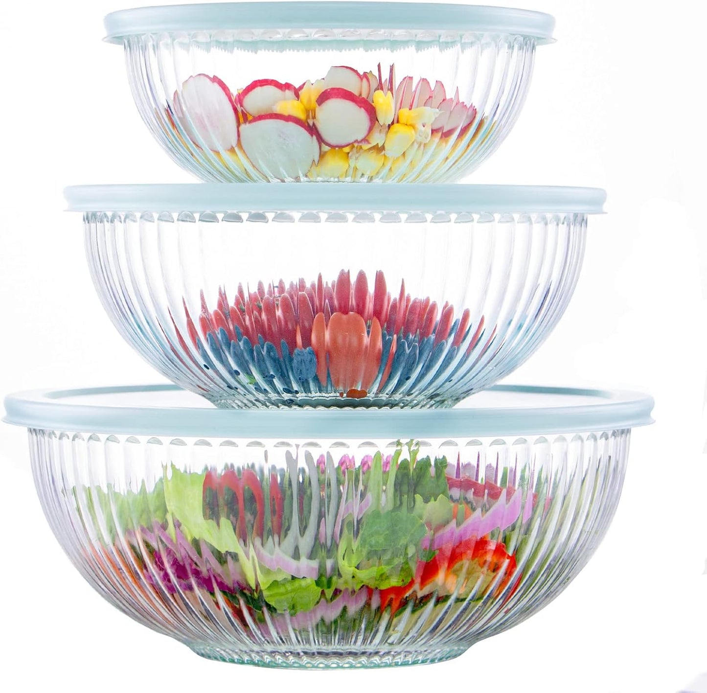 Luvan Glass Mixing Bowls with Lids Set(4.5QT, 2.7QT, 1.1QT)-Large Glass Mixing Bowls, Clear Salad Bowl for Baking, Cooking, Serving, Food Prep, 3PC Nesting Bowls for Kitchen Storage & Dishwasher Safe