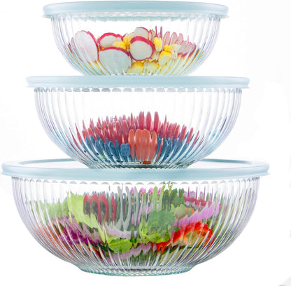 Luvan Glass Mixing Bowls with Lids Set(4.5QT, 2.7QT, 1.1QT)-Large Glass Mixing Bowls, Clear Salad Bowl for Baking, Cooking, Serving, Food Prep, 3PC Nesting Bowls for Kitchen Storage & Dishwasher Safe