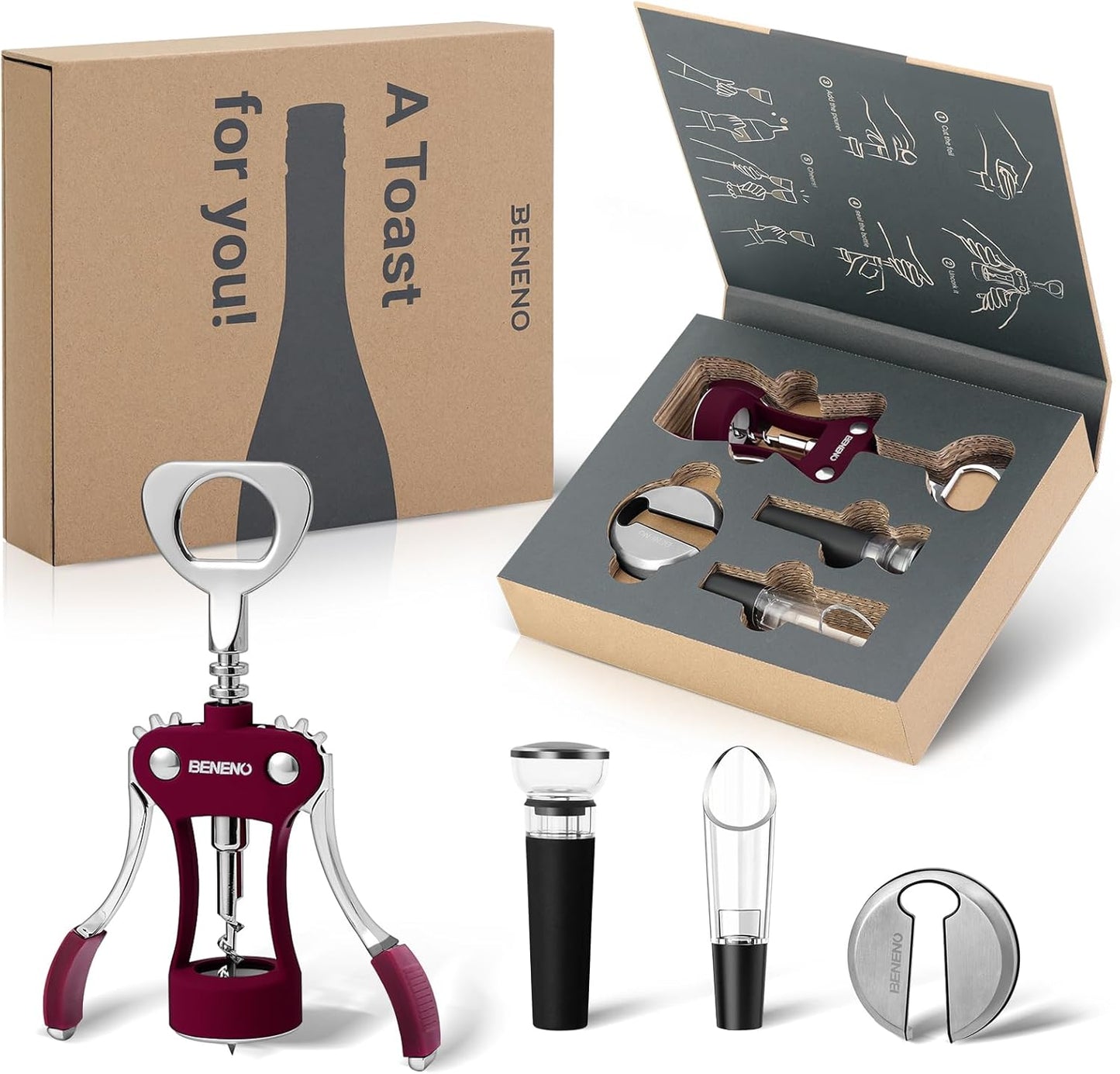 Beneno Wine Opener, Zinc Alloy Premium Wing Corkscrew with Multifunctional Bottles Opener, Sharp Wine Corkscrew with Ergonomic Non-Slip Wing Handle, Silver