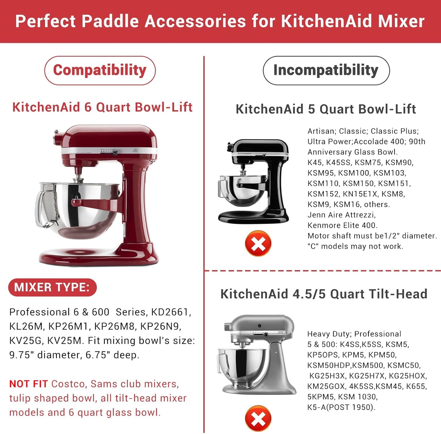 Flex Edge Beater Accessories and Attachments for KitchenAid 6 Quart Bowl-Lift Stand Mixer, Pastry Paddle Attachment for Kitchenaid, Dishwasher Safe, White
