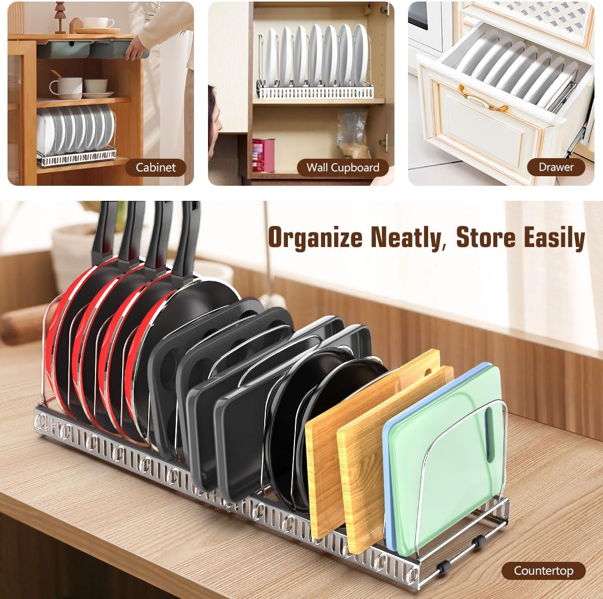 Housolution Cutting Board Organizer Rack, Expandable Baking Tray and Cookie Sheet Organizer with 14 Adjustable Dividers, Bakeware Muffin Tin Cupcake Pan Storage Organizer for Cabinet, Black