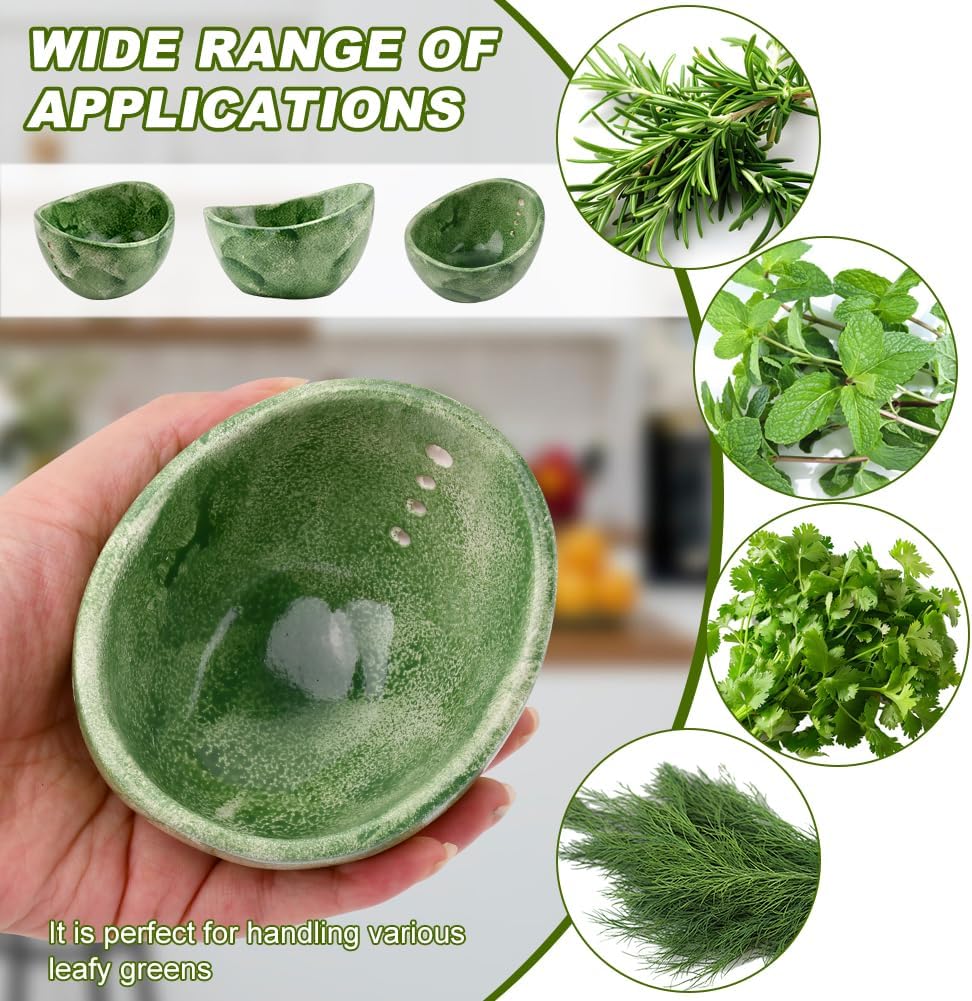 Pottery Herb Stripper Bowl, Small Handmade Resin Herb Stripper, Ceramic Herbs Grinder Pill Crusher Set Parsley Thyme Rosemary, for Pill Crusher, Spice, with Multi Size Holes(Color:Green)