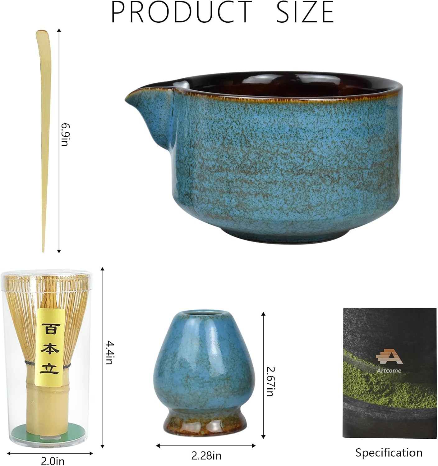 Artcome 4 Pcs Complete Matcha Ceremony Kit - Japanese Bowl With Pouring Spout, Whisk, Holder, Scoop - Tea Set for Making Usucha, Koicha and Latte (Green)