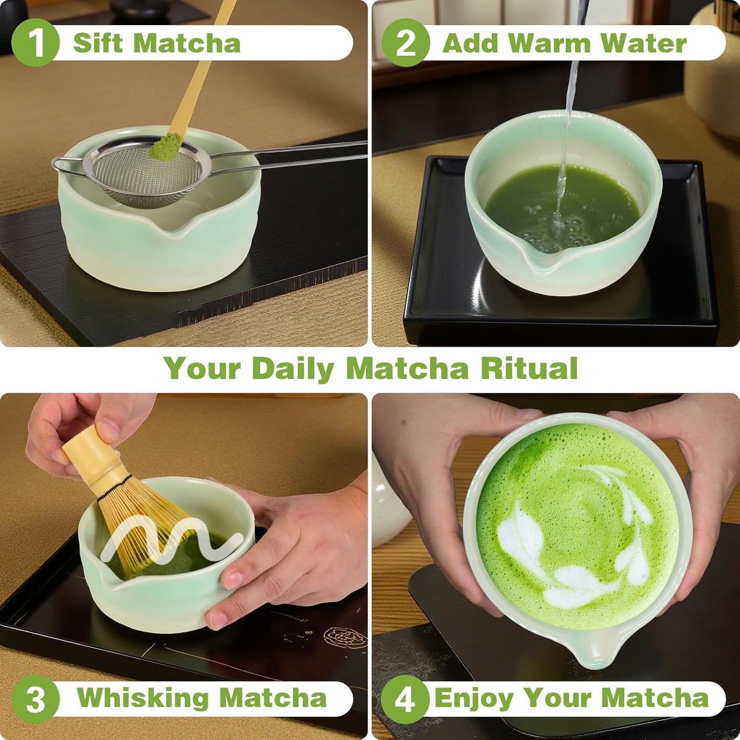 Matcha Whisk Set, Japanese Tea Set Includes Matcha Bowl with Spout, Bamboo Whisk, Ceramic Chasen Holder, Scoop, Sifter, 5 pcs Traditional Tea Making Kit for Matcha Lovers Christmas Gifts for Women Men