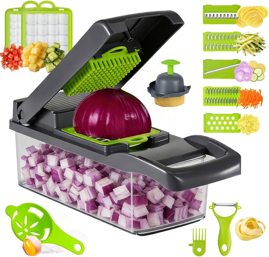 8 Blade All-in-1 Vegetable Chopper Mandoline Slicer with Container,Veggie Cutter for Salad, Onion Chopper,Food Chopper, Includes Egg Separator & Vegetable Peeler, Kitchen Gadgets Essentials, Gray