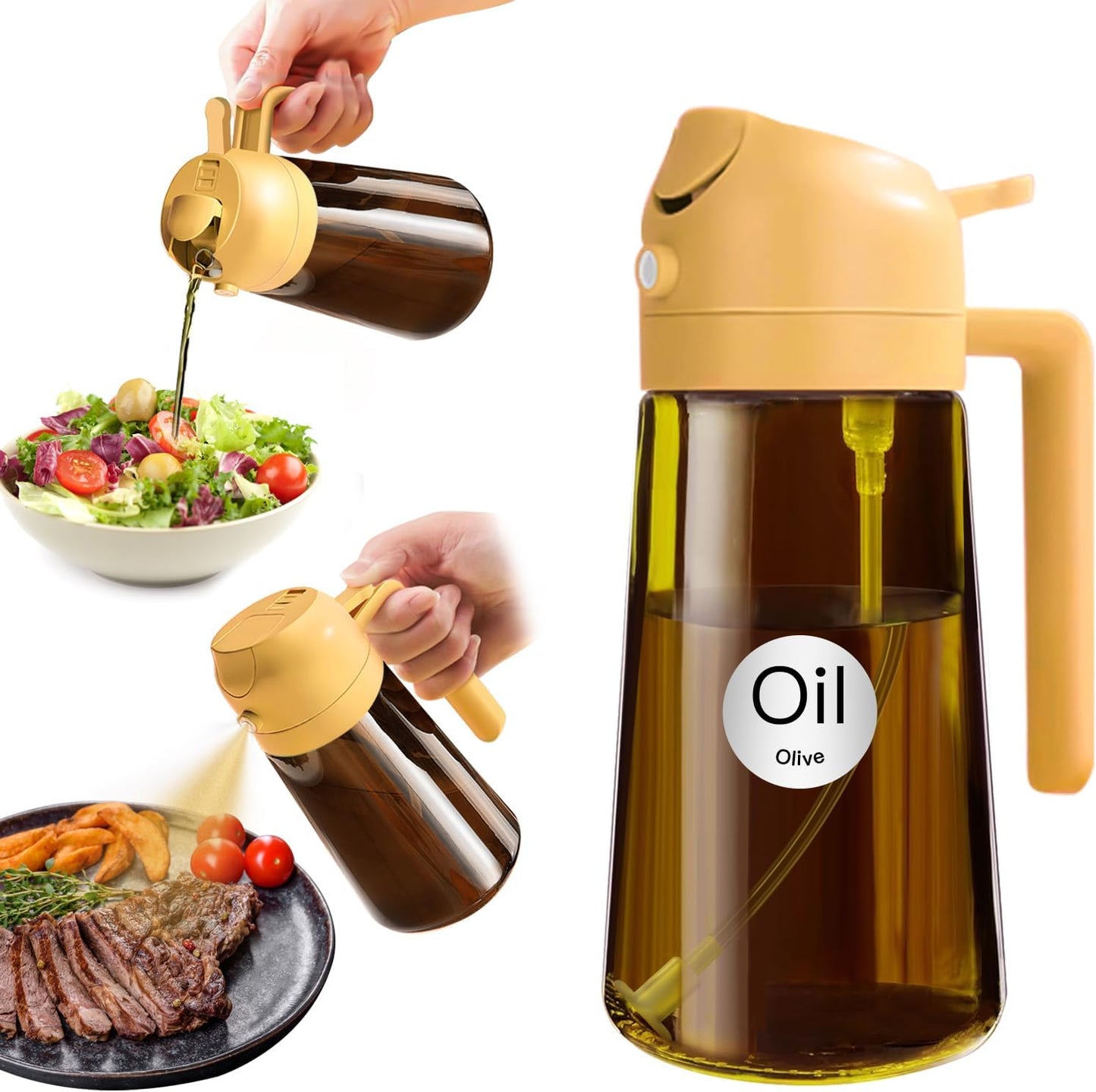 YARRAMATE 2Pcs 16oz/470ml Dark Brown Oil Sprayer for Cooking with Stickers, Food-grade Premium 2 in 1 Olive Oil Dispenser Bottle for Kitchen Gadgets, Air Fryer, Salad, Frying, BBQ (Black&OliveGreen)
