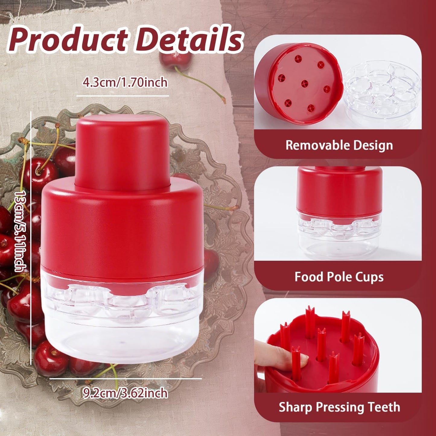 7-IN-1 Large Cherry Pitter Tool - Portable Cherry Corer Pitter With Ergonomic Push Design - Easy to Use for Making Cherry Jam - Pit 7 Cherries at Once, Saving Time & Effort - Red