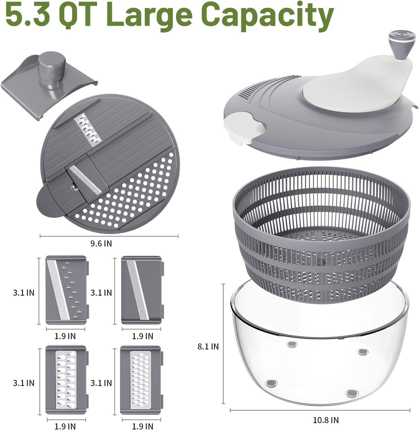Salad Spinner, 5.3 QT Lettuce Spinner with Strainer, Fruit Cleaner with 4 Replaceable Blade for Shredding, Slicing and Pureeing, Salad Washer & Dryer for Quick Washing (Green)