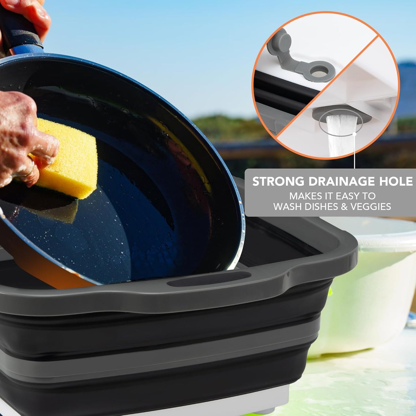 Collapsible Cutting Board(2.11 Gal/8L), BBQ Prep Tub with Locking Lid, Foldable Camping Sink with Colander, Multifunction Dish Basin for Kitchen, Bowl, Vegetable and Fruit, Storage Basket for Picnic