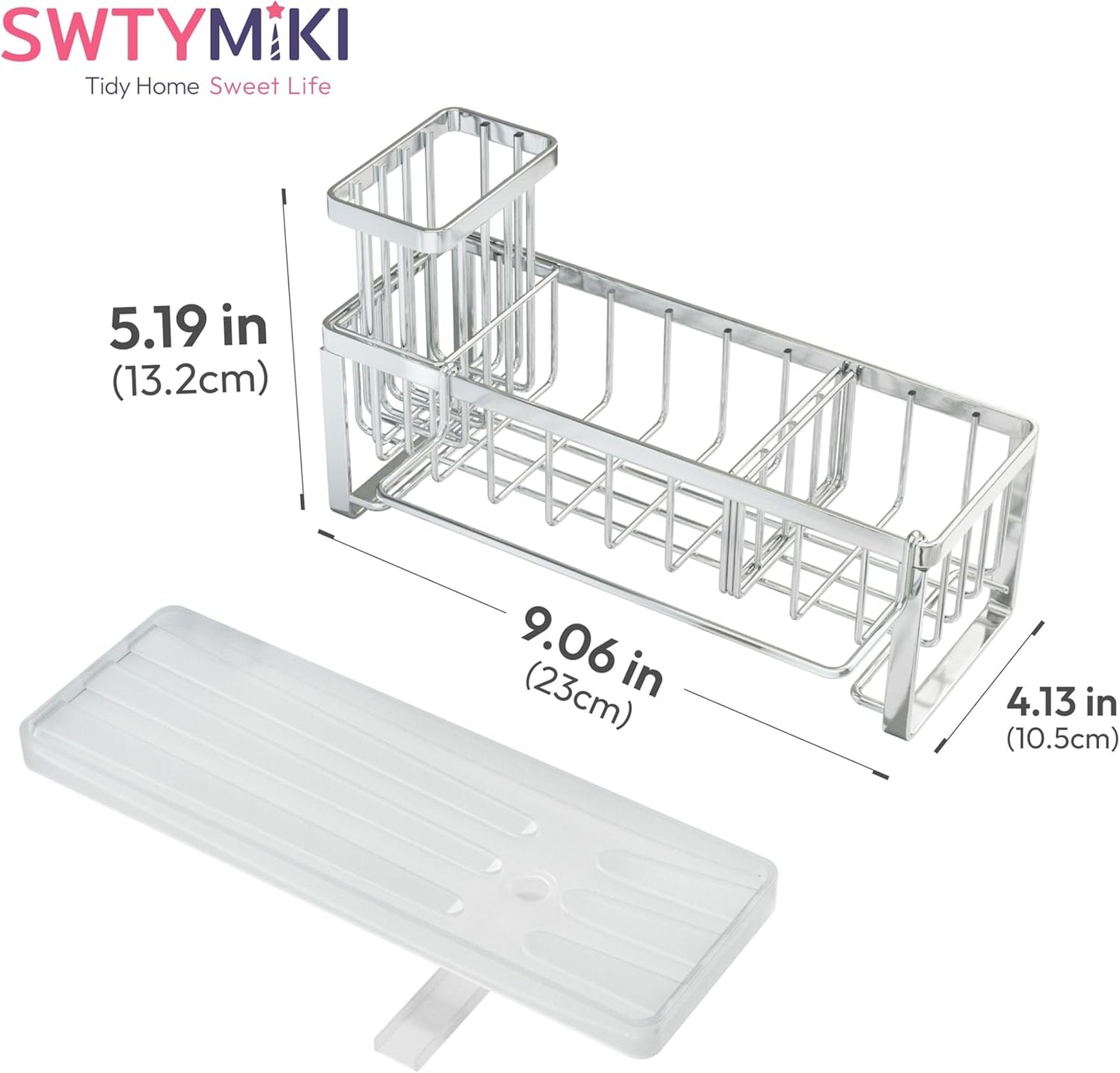 SWTYMIKI Sponge Holder for Kitchen Sink - Sink Caddy with Brush Holder Self-draining Sponge Caddy Organizer with Divider Stainless Steel Kitchen Accessories Storage for Countertop, Black