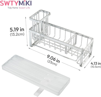 SWTYMIKI Sponge Holder for Kitchen Sink - Sink Caddy with Brush Holder Self-draining Sponge Caddy Organizer with Divider Stainless Steel Kitchen Accessories Storage for Countertop, Black