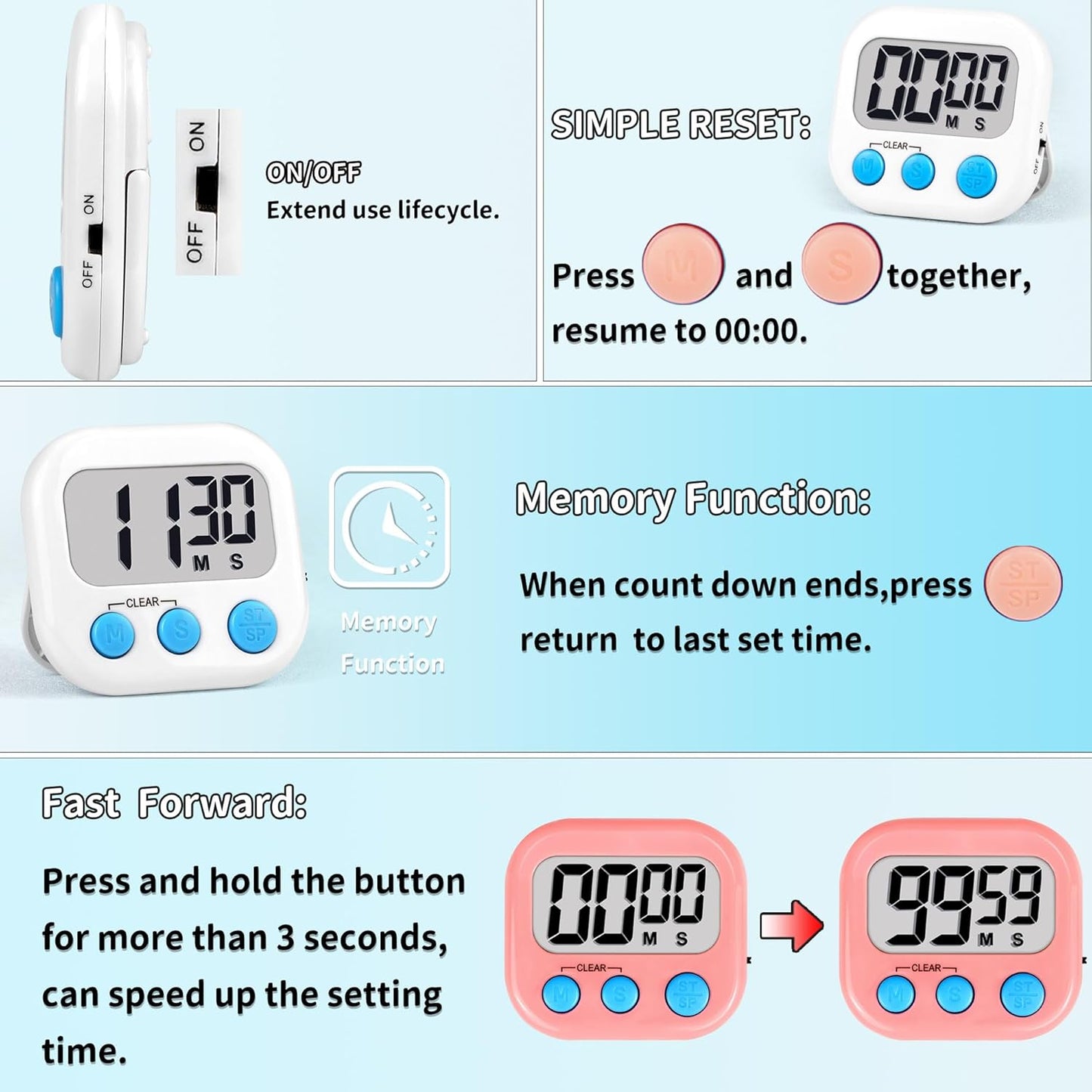 Timer for Kids Teachers Supplies Digital Kitchen Timers for Cooking Large Magnetic Classroom Timer 2Pack-Blue Green