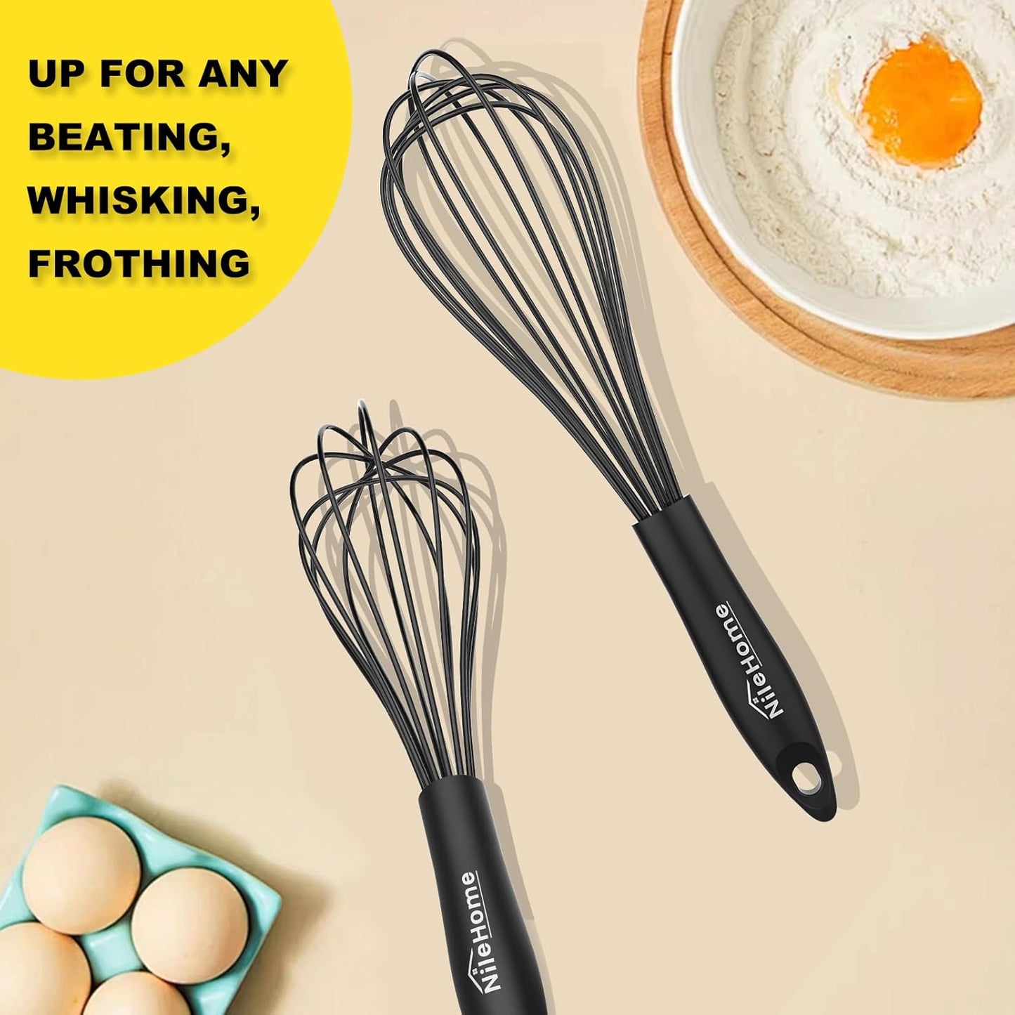 NileHome Silicone Whisk Set 8" 10" 12" Kitchen Whisk Kitchen Wisk Wire Whisks for Cooking, Whisking, Blending, Beating, Stirring-Black 3 Pack