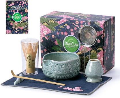 Buucup Matcha Whisk Set, Ceramic Matcha Kit Set Includes Matcha Bowl, Matcha Whisk and Holder, Bamboo Scoop, Scoop Rest, Sifter and Tea Towel - 7 Pcs Matcha Kit for Matcha Lovers (Mottled Green)