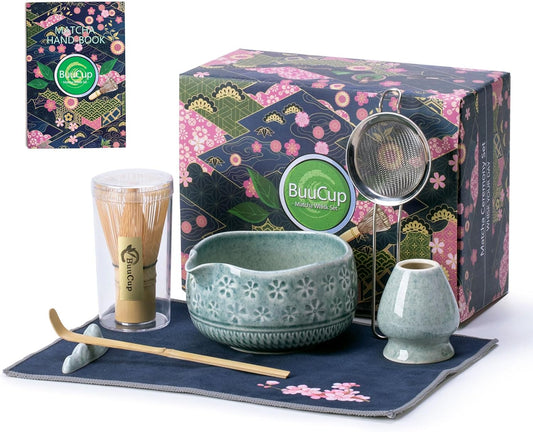 Buucup Matcha Whisk Set, Ceramic Matcha Kit Set Includes Matcha Bowl, Matcha Whisk and Holder, Bamboo Scoop, Scoop Rest, Sifter and Tea Towel - 7 Pcs Matcha Kit for Matcha Lovers (Mottled Green)