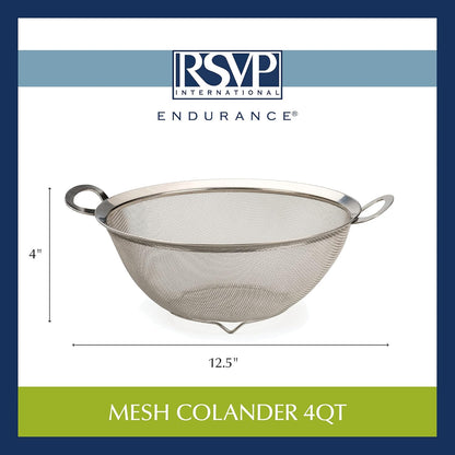 RSVP International Mesh Colander Strainer Basket with Folding Handles, 3 Quarts | For Pasta, Frying, & Salads | Dishwasher Safe | Use in Pressure Cookers | Steaming, Draining & Rinsing
