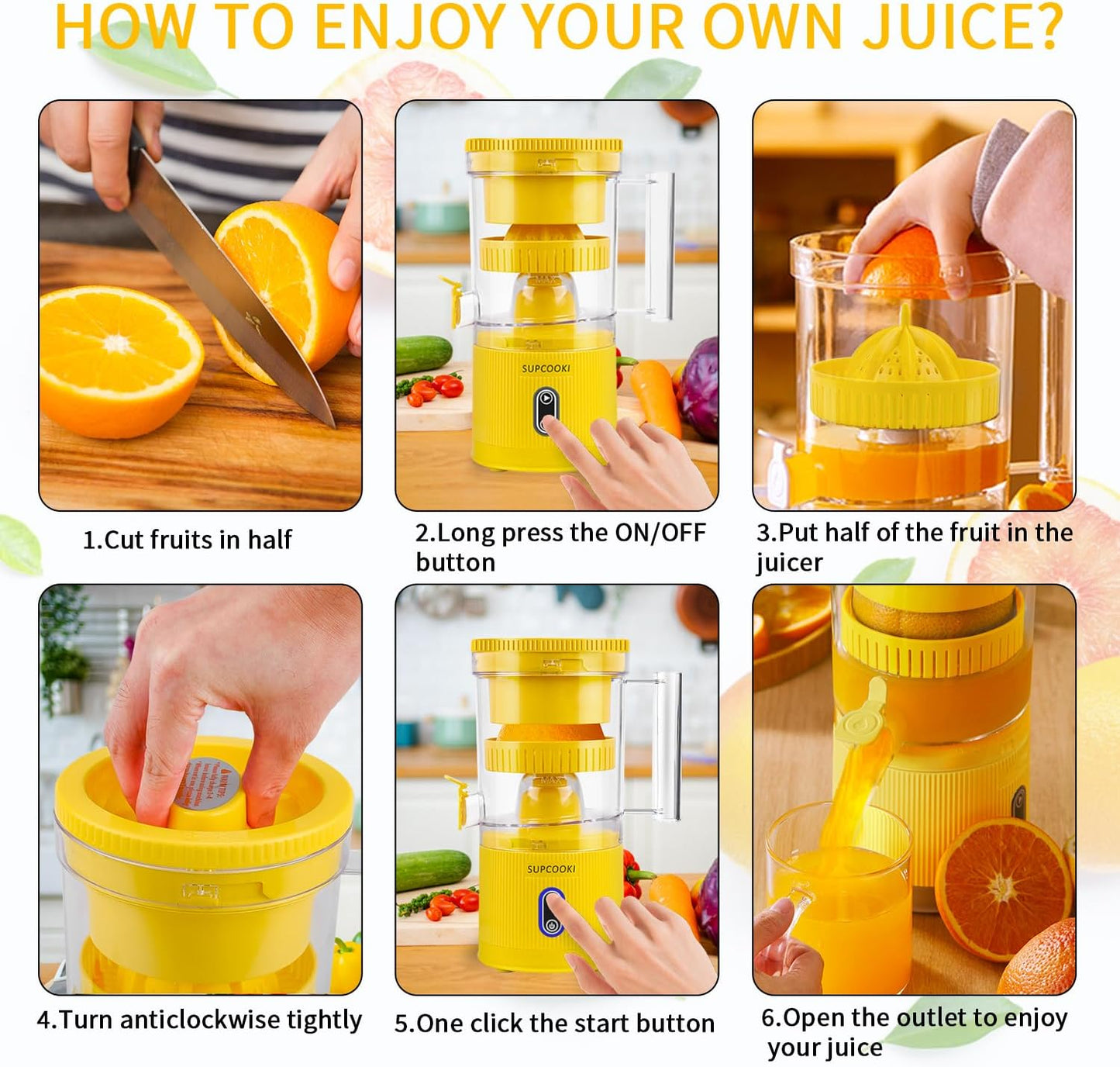 Electric Citrus Juicer, Rechargeable Juicer Machine with USB Cable and Cleaning Brush, Touch Button, Automatic Orange Lime Lemon Grapefruit Squeezer, Easy to Clean Portable Juicer, White