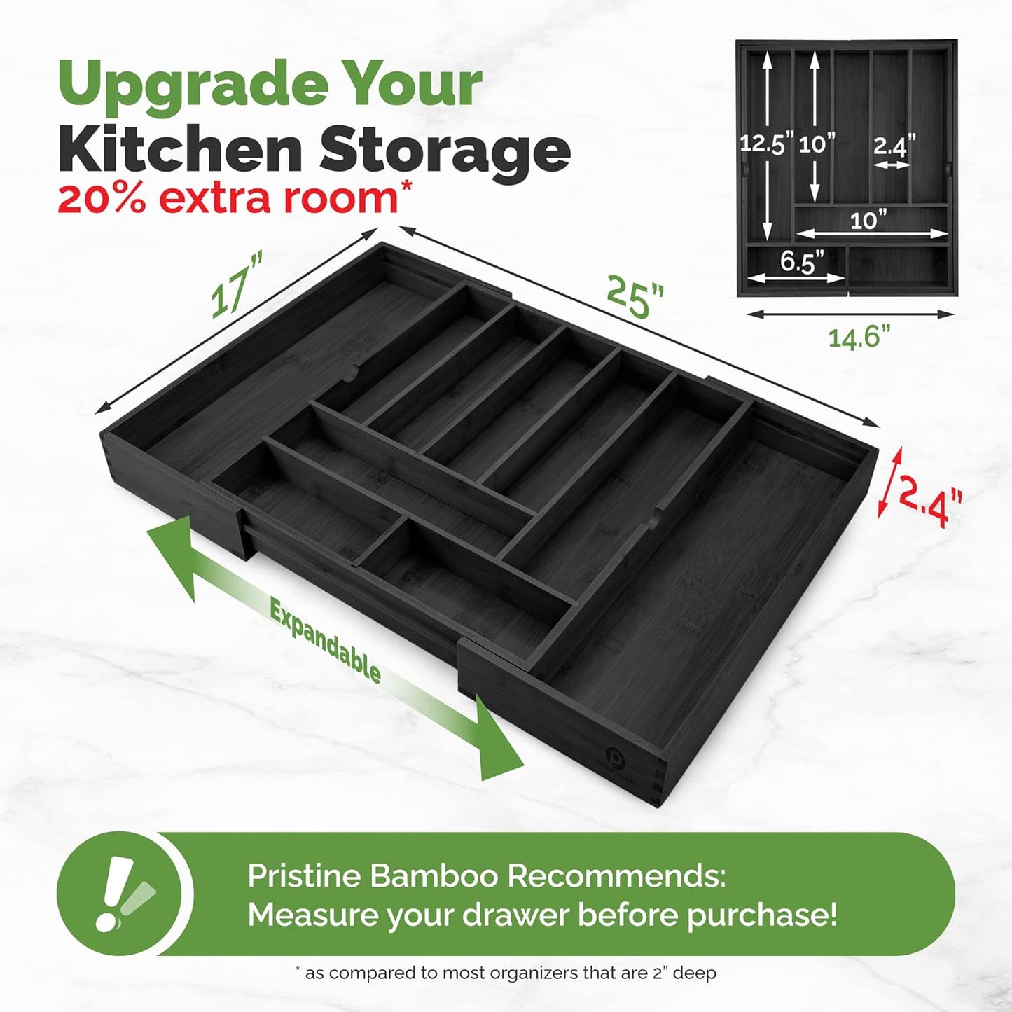 Pristine Bamboo Silverware Organizer - Small Extra-Deep Wooden Kitchen Drawer Organizer Divider for Spoons, Forks, Knives & Cutleries - 5 Slots