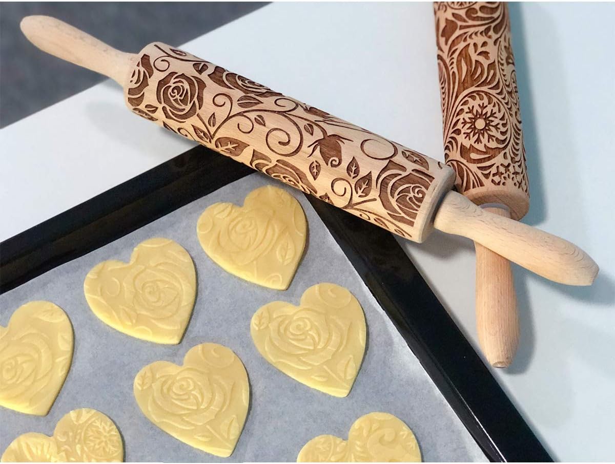 Floral Vine Embossed Rolling Pins for Cookies, Wooden Engraved Rolling Pins for Baking, Embossing Rolling Pins with Designs, Patterned Rolling Pin Decorative Springerle Mold Stamp Clay Pattern Roller