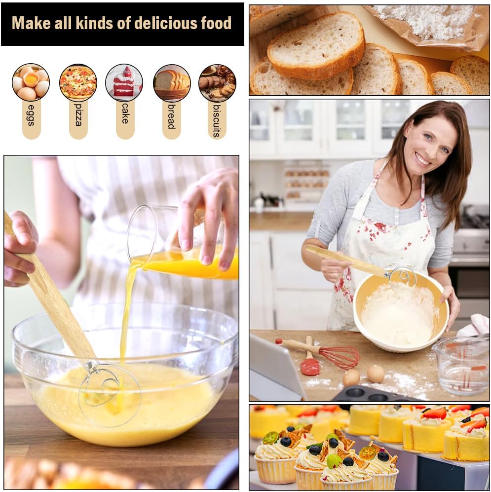 2 Pcs Rustproof Stainless Steel Ring Danish Dough Whisk, Wooden Bread Whisk, 13 inches Dutch Whisk for Cooking, Blending Whisking Stirring Sourdough Cake Pizza Pastry Biscuits Bread