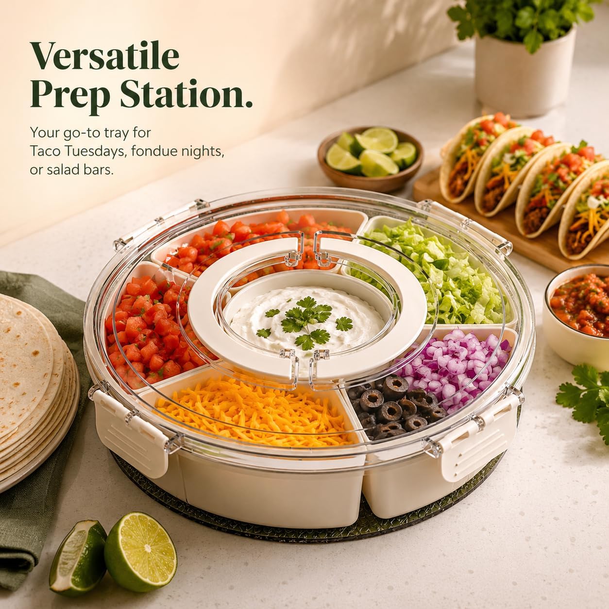 360°Rotating Divided Serving Tray with Clear Lid - BPA-Free Snack Spinner with Removable Compartments - Versatile Snackle Box Container for Parties, Picnics, Taco Night & Meal Prep