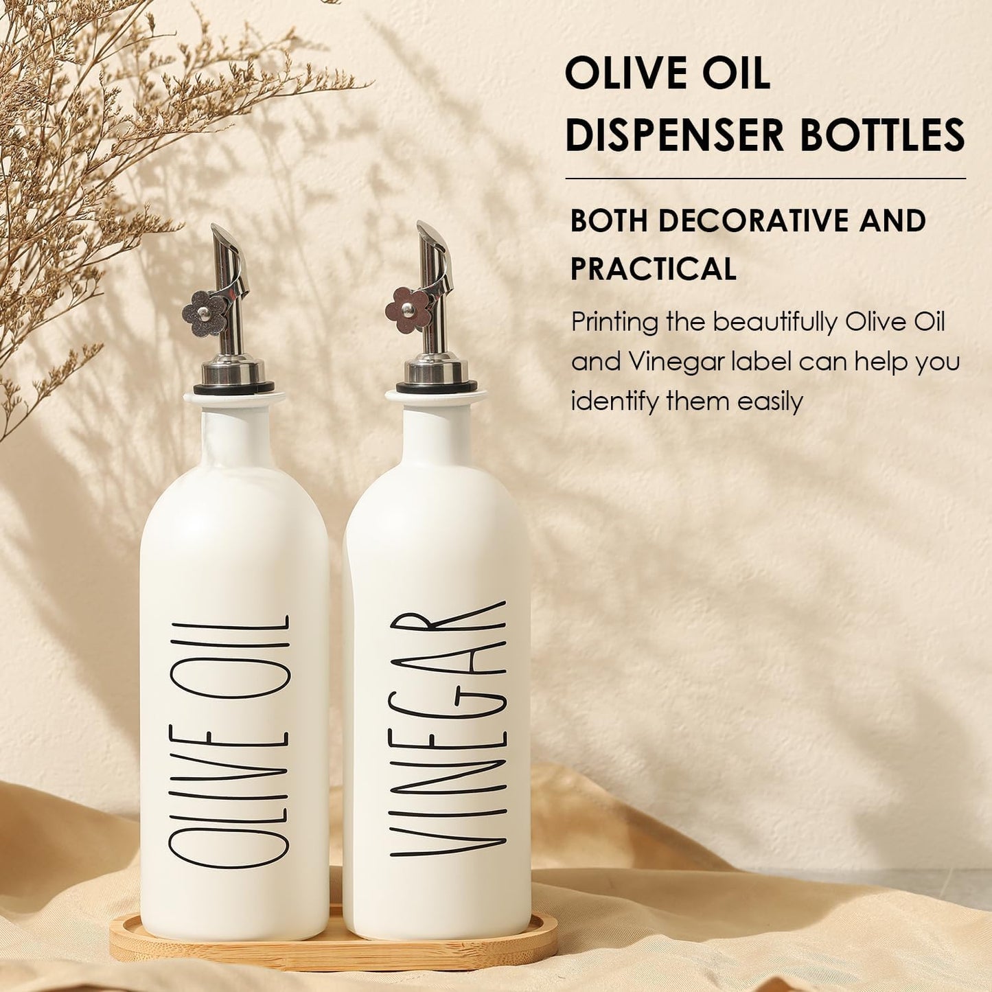 HOMCDALY Premium Olive Oil Dispenser for Kitchen, 11.8oz Glass Oil Bottles with Bamboo Tray, White and Gold Oil&Vinegar Cruet Set, Kitchen Dispenser Bottles with Pourer| Set of 2 (11.8oz –P–Gold)