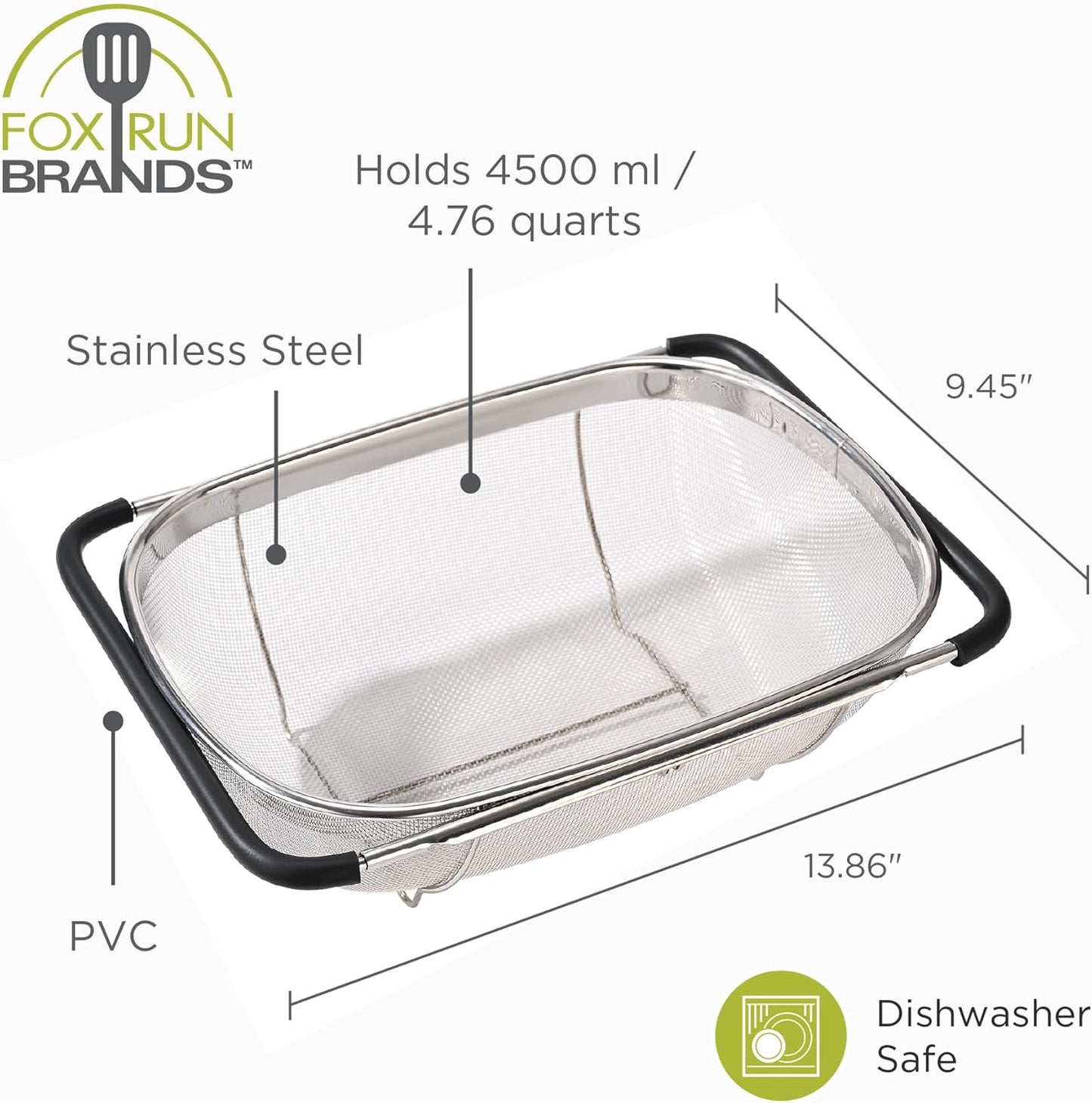 Fox Run Large Stainless Steel Colander With Extendable Handles, 4.76 Quart/4500 ml Over Sink Strainer With Support Feet, 9.75” x 14” x 4.5”