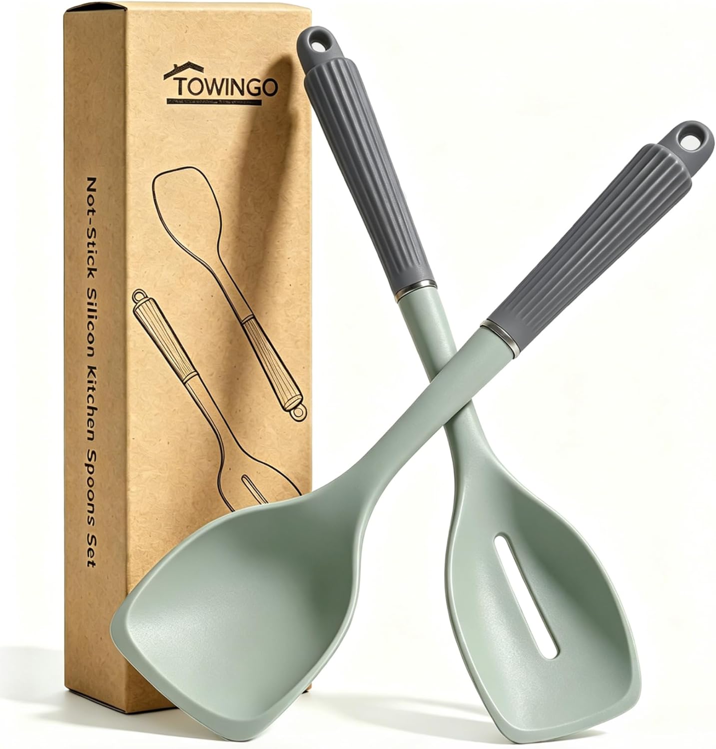2 Pack Silicone Cooking Spoon Spatulas, Non Stick Large Rubber Spoon Set for Mixing, Serving, Draining, Scraping, 13Inch Heat Resistant Kitchen Utensils, Green+Grey