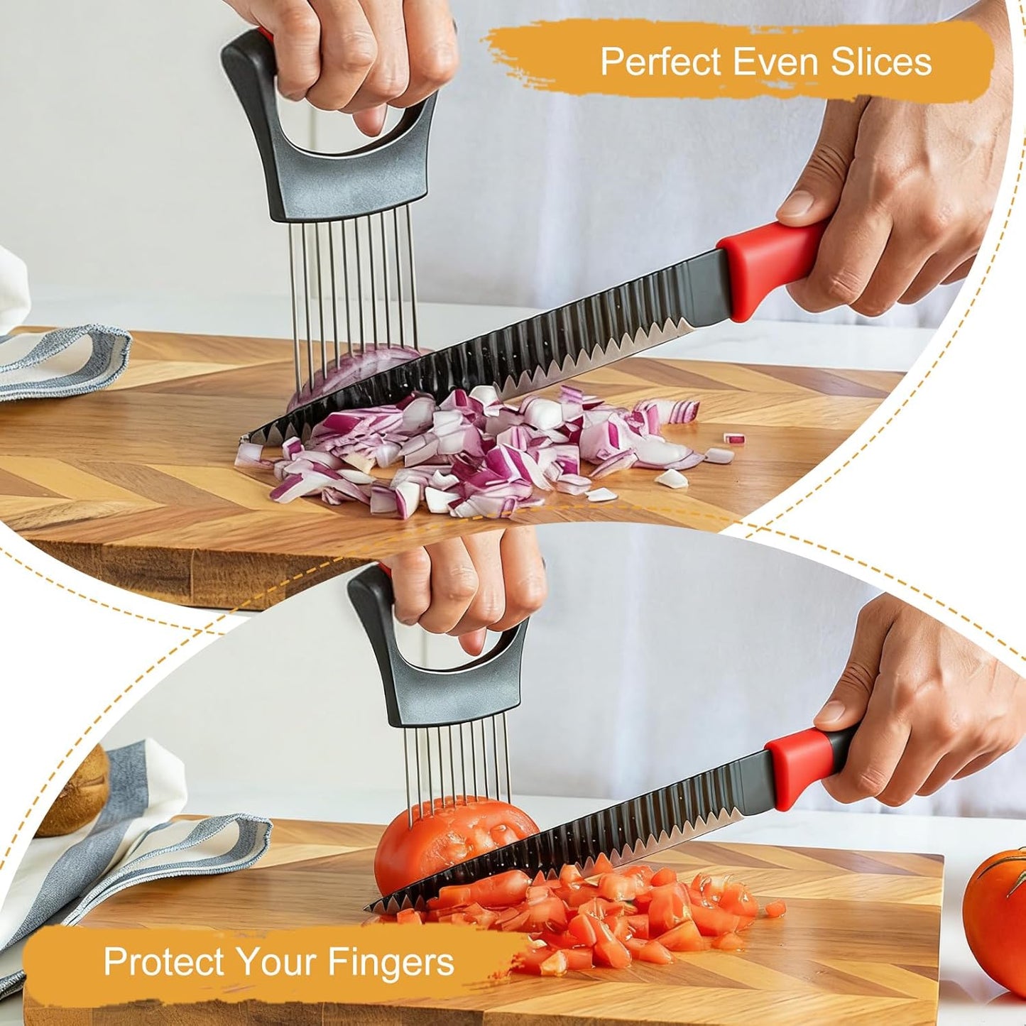 Onion Holder for Slicing, Stainless Steel Onion Cutter Guide for Even Slices, Vegetable Holder Tool with French Fry Cutter, Safe Kitchen Prep Tool