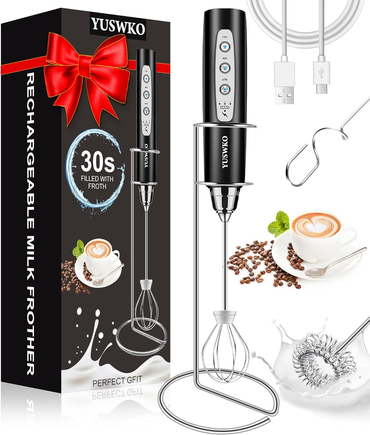 YUSWKO Black Handheld Milk Frother Wand for Coffee, Rechargeable Electric Whisk with 3 Heads 3 Speeds Drink Mixer Coffee Frother For Latte, Cappuccino, Hot Chocolate, Egg