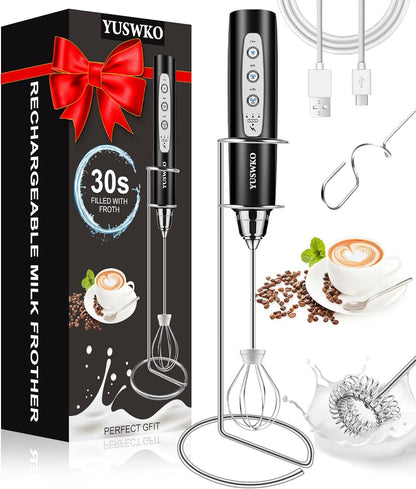 YUSWKO Black Handheld Milk Frother Wand for Coffee, Rechargeable Electric Whisk with 3 Heads 3 Speeds Drink Mixer Coffee Frother For Latte, Cappuccino, Hot Chocolate, Egg