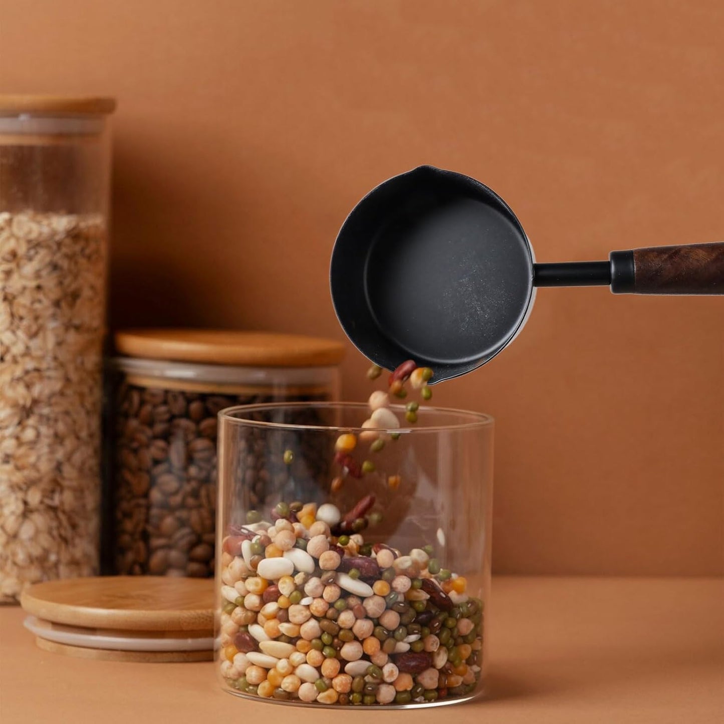 1pcs 1/3 Cup Measuring Cup with Wooden Handle Stainless Steel Measuring Scoop 80ml Measuring Spoon Black 1/3 Measuring Cups for Baking Cooking Wet and Dry Ingredients (80ml)